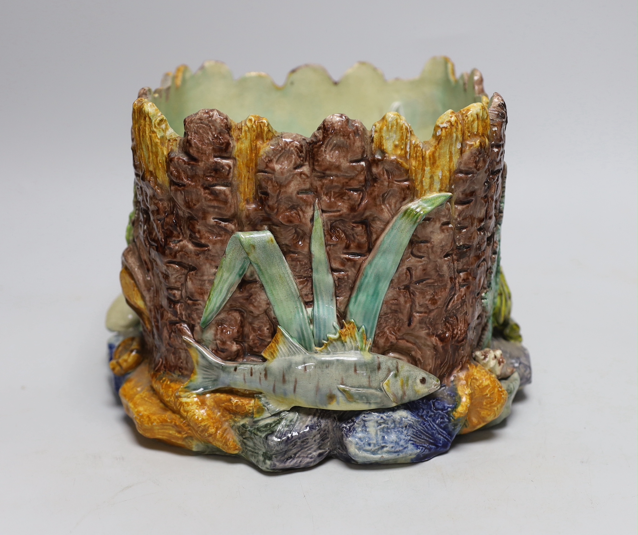 A Thomas Sergent majolica jardiniere decorated with aquatic life, initialled to the base, 18cm high
